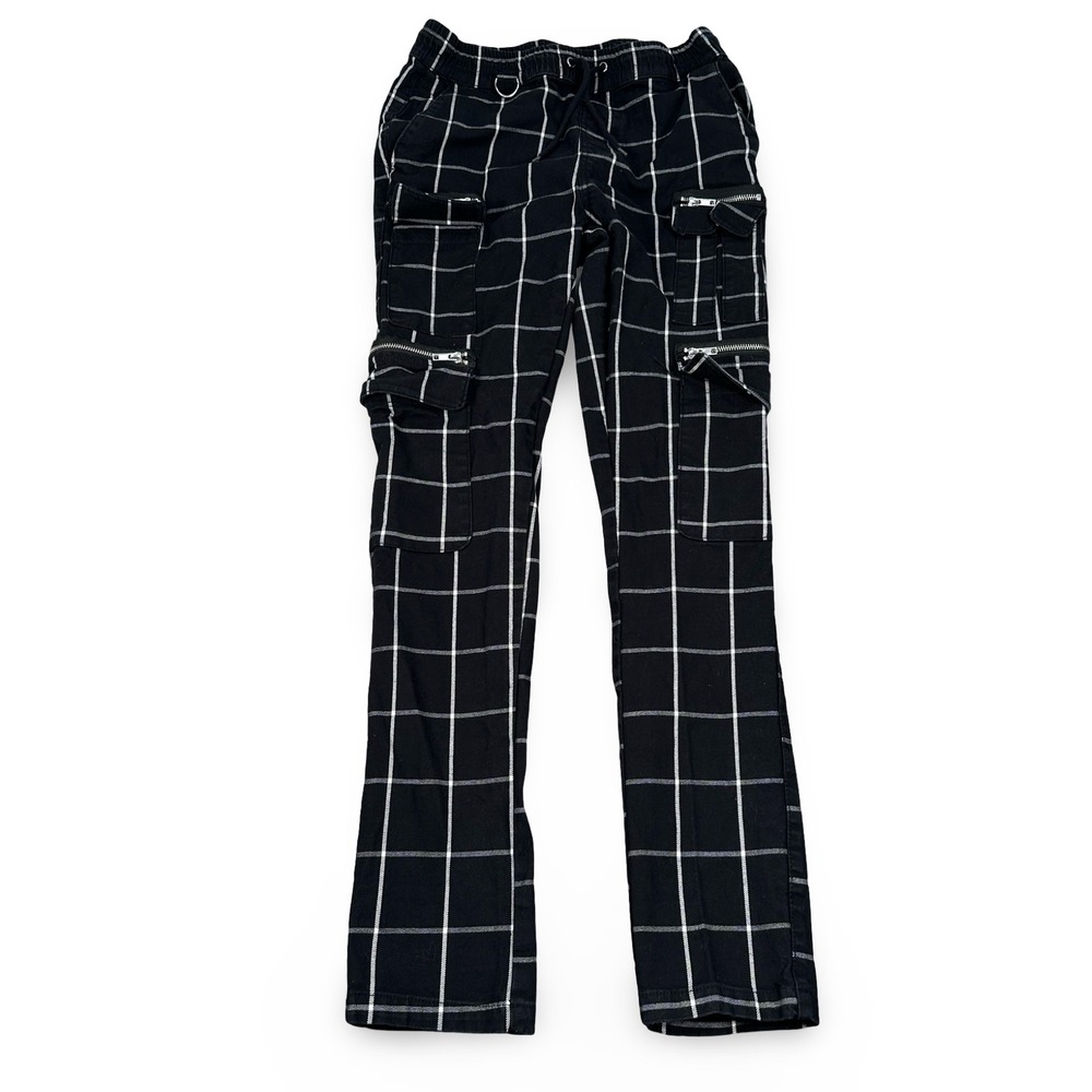 Hot Topic Mens Black White  Plaid Cargo Pants Goth Emo Punk Zip Pockets Medium